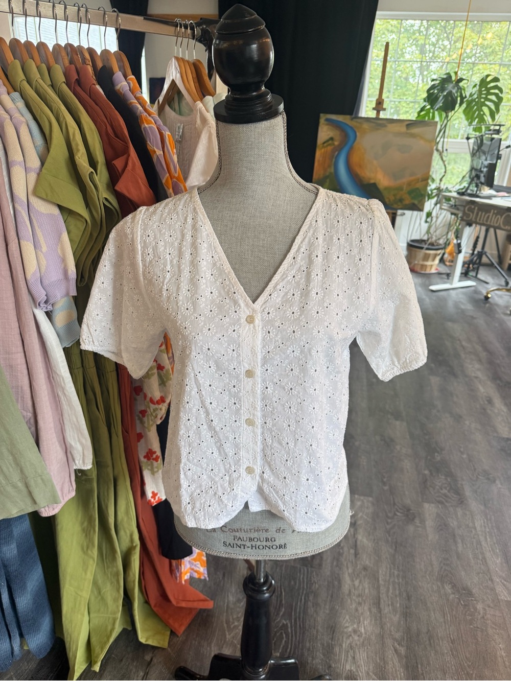 White Eyelet Button-Up V-Neck Blouse